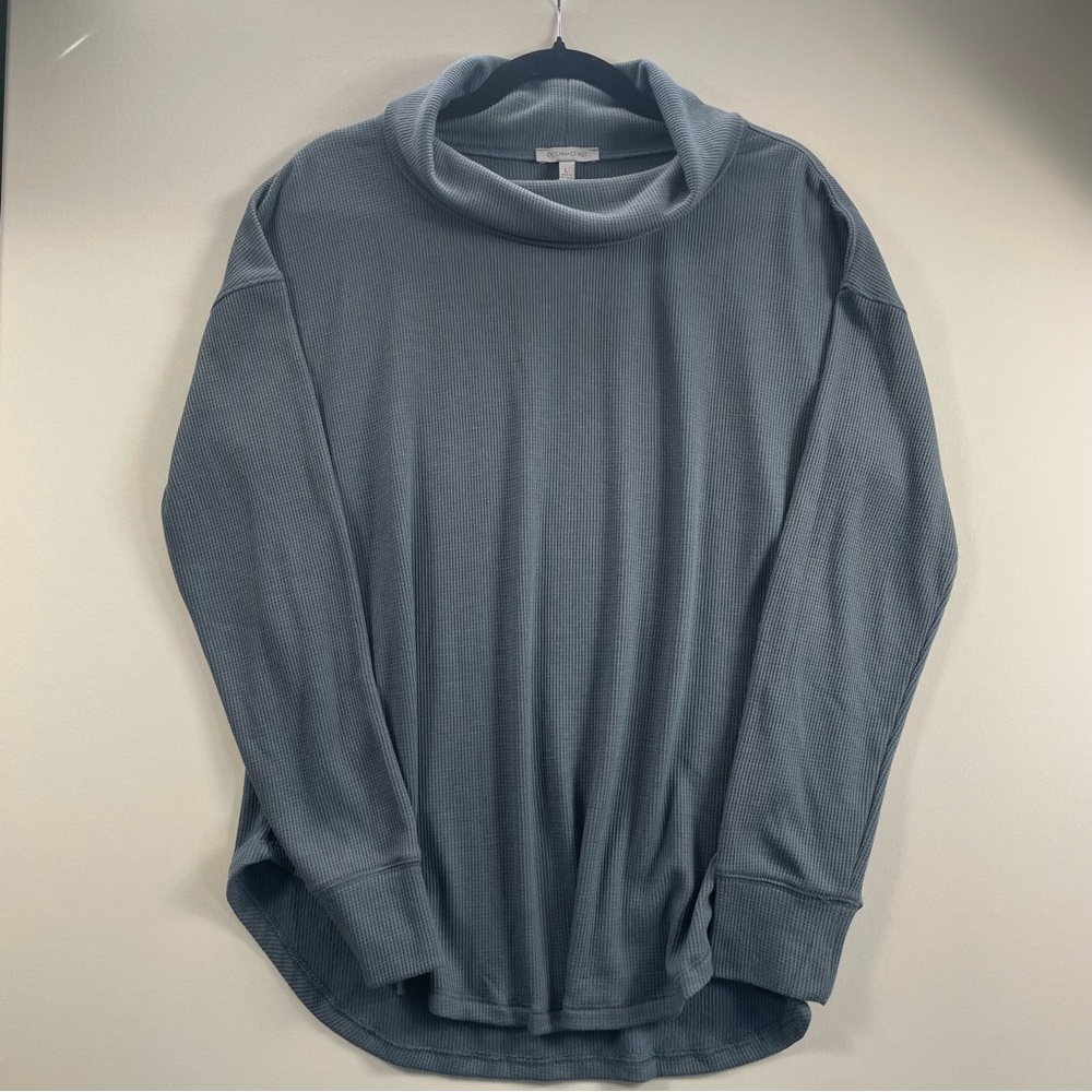 Ocean + Coast Blue Waffle Knit Cowl Neck Top | L | Eco Friendly Coastal Grandma